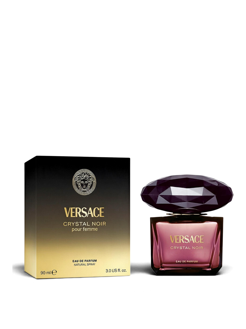 euaden Versace Crystal Noir kadın parfümü, elmas kesim kapaklı şık şişesi ve siyah altın kutusu ile sunuluyor.