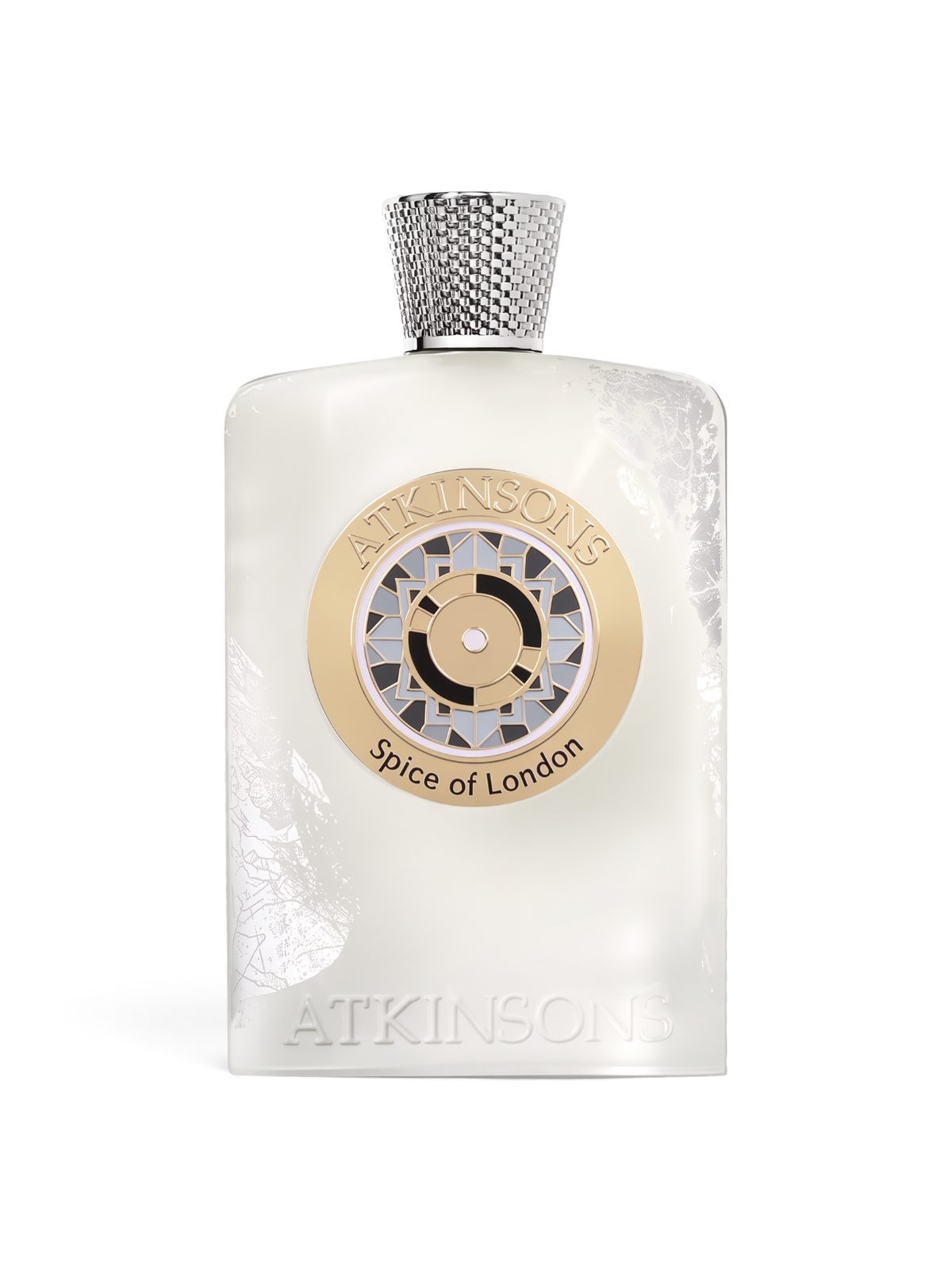 euaden Atkinsons Spice of London unisex parfum intense, beyaz cam şişeli, gümüş kapaklı ve altın detaylı lüks parfüm