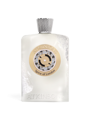 euaden Atkinsons Spice of London unisex parfum intense, beyaz cam şişeli, gümüş kapaklı ve altın detaylı lüks parfüm