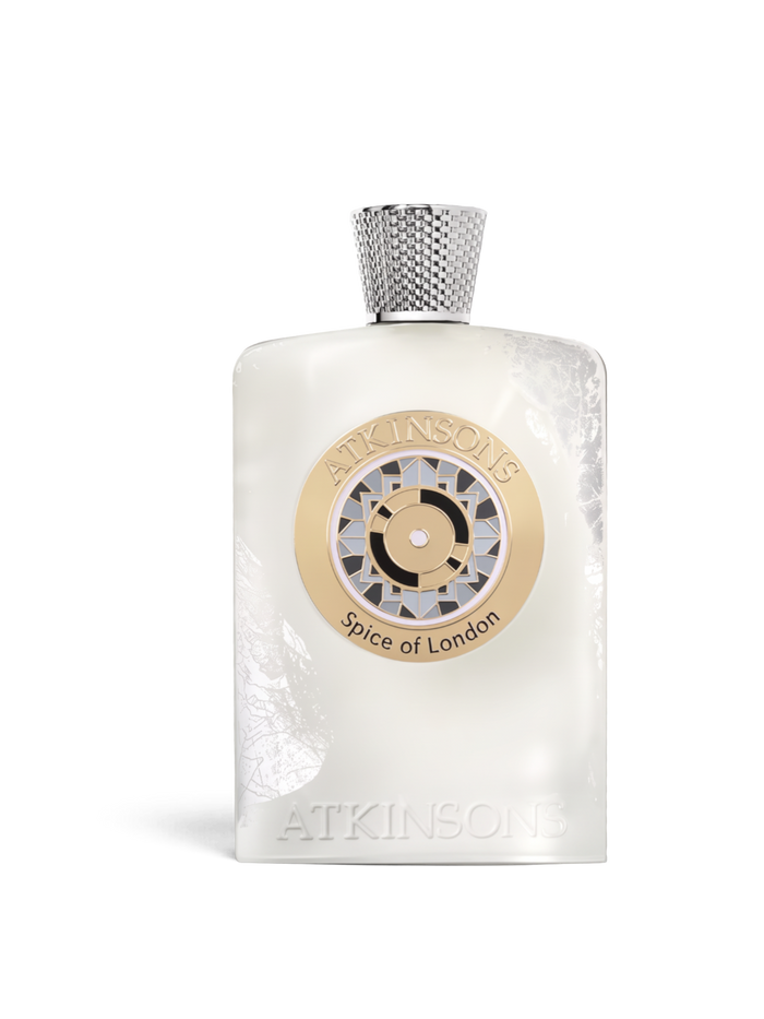 euaden Atkinsons Spice of London unisex parfum intense, beyaz cam şişeli, gümüş kapaklı ve altın detaylı lüks parfüm