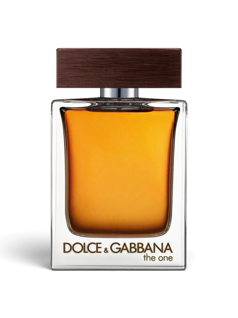 Euaden Dolce & Gabbana The One erkek parfümü, kehribar renkli cam şişesi ve koyu ahşap kapaklı ikonik tasarımıyla.