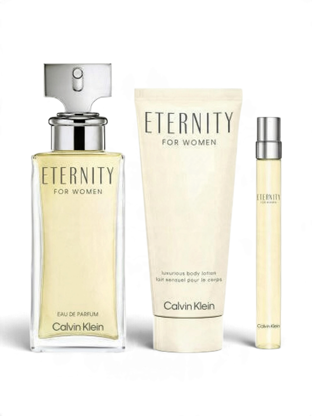 euaden Calvin Klein Eternity Woman parfüm, vücut losyonu ve seyahat boyu parfüm içeren lüks hediye seti