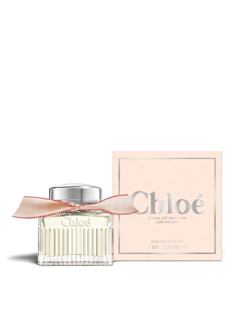 euaden Chloé Eau De Parfum Lumineuse kadın parfümü, şık cam şişesi ve pembe kurdele detayı ile kutusuyla birlikte.