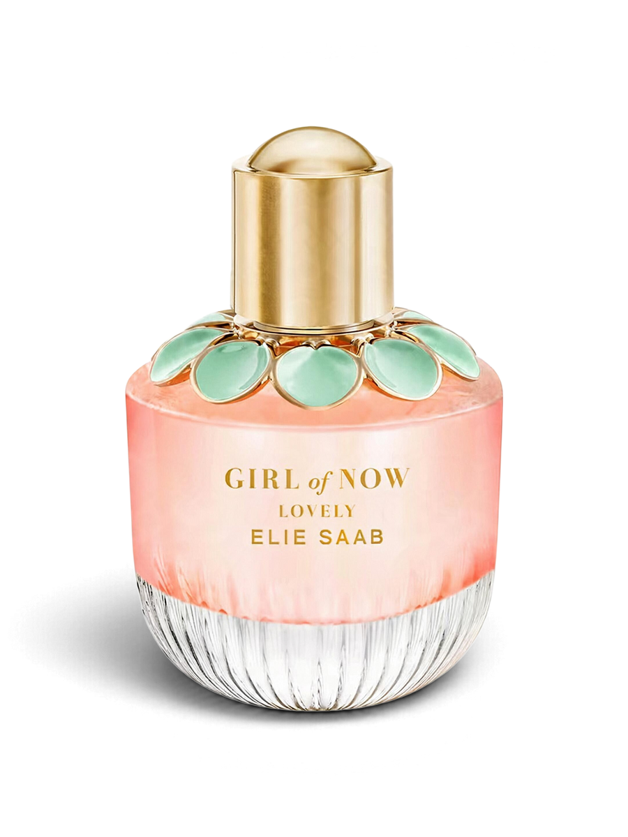 euaden Elie Saab Girl Of Now Lovely kadın parfümü, altın kapaklı ve nane yeşili çiçek detaylı şık cam şişe tasarımı