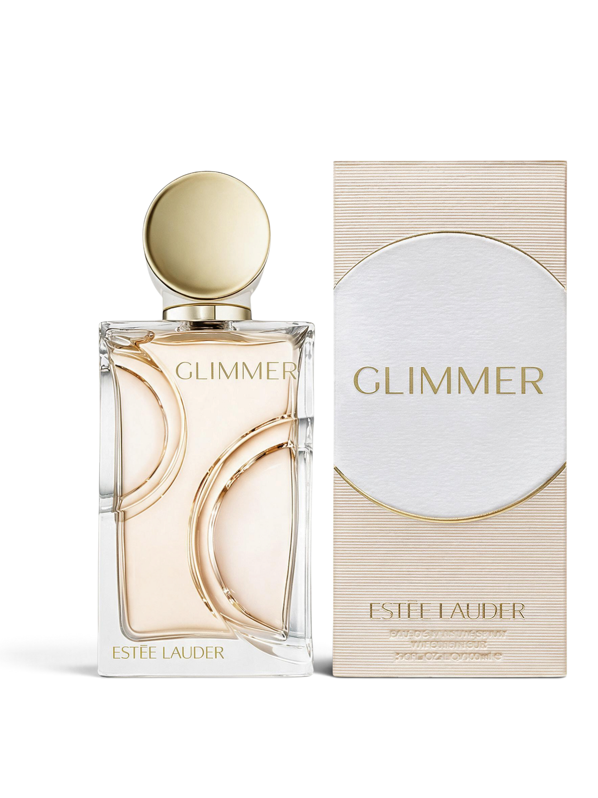 euaden Estée Lauder Glimmer kadın parfümü, şık cam şişesi ve zarif kutusu ile beyaz arka planda sergileniyor.