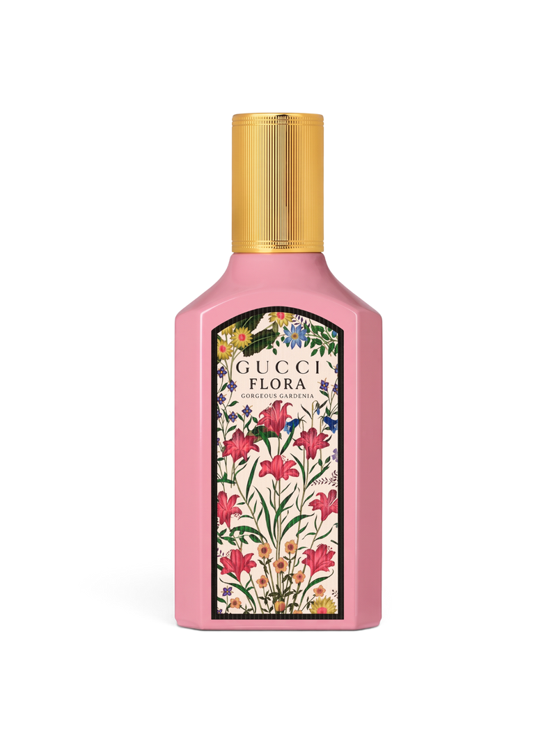 euaden tarafından sunulan, pembe şişeli ve çiçek desenli Gucci Flora Gorgeous Gardenia kadın parfümü