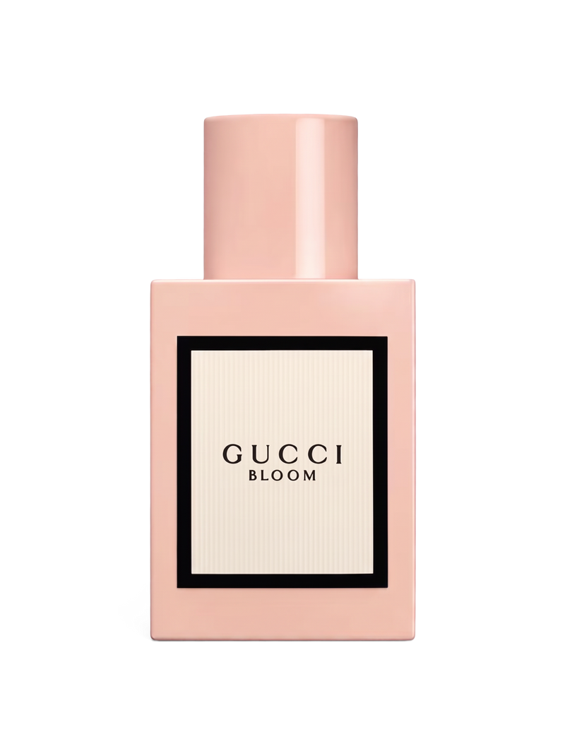 euaden Gucci Bloom kadın parfümü, pudra pembesi şişesi ve zarif beyaz etiket tasarımıyla 100 ml EDP