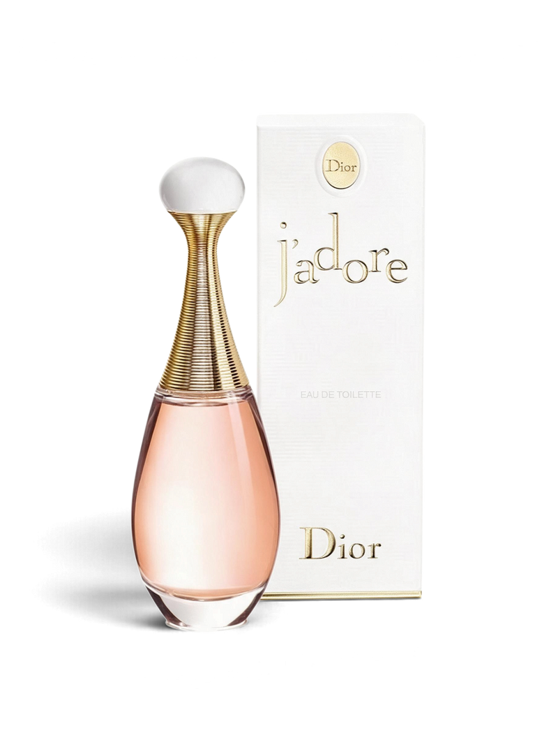 euaden Dior J'adore Eau de Toilette 100 ml kadın parfümü, ikonik altın detaylı şişesi ve beyaz kutusu ile