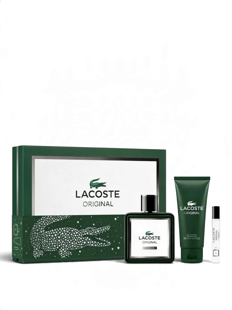 euaden Lacoste Original erkek parfüm seti, 100ml parfüm, duş jeli ve seyahat boyu parfüm içeren şık hediye kutusu