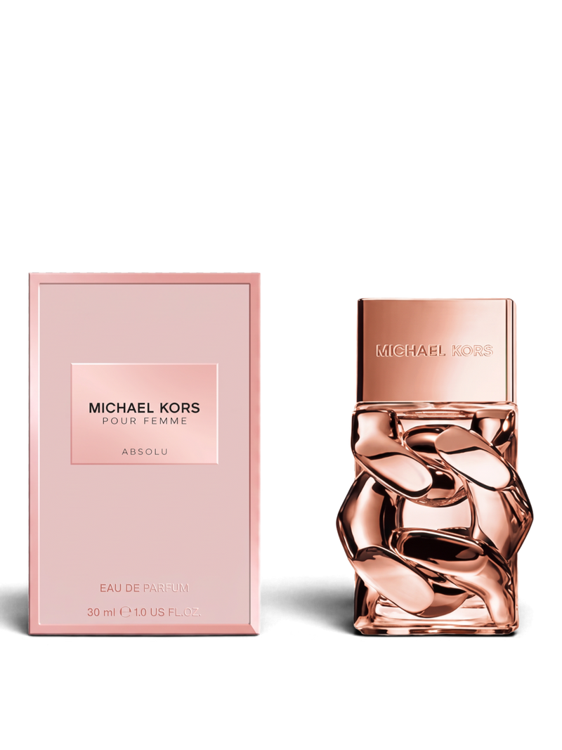 euaden Michael Kors Pour Femme Absolu kadın parfümü ve pembe kutusu, metalik zincir detaylı lüks şişe tasarımı