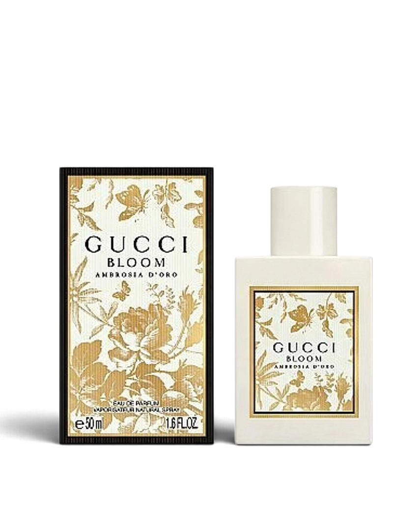 euaden Gucci Bloom Ambrosia Di Fiori 50 ml kadın parfümü, beyaz şişesi ve çiçek desenli altın detaylı kutusuyla