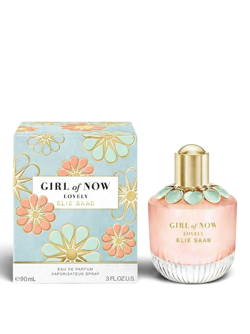 euaden Elie Saab Girl Of Now Lovely kadın parfümü, çiçek desenli kutusu ve zarif pembe cam şişesiyle