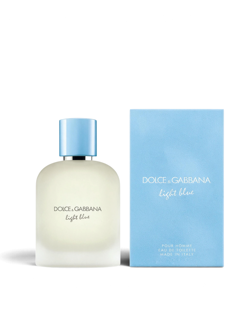 euaden Dolce & Gabbana Light Blue Pour Homme erkek parfümü, 100 ml şişesi ve açık mavi kutusu ile birlikte