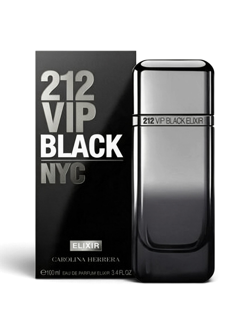euaden Carolina Herrera 212 VIP Men Black Elixir 100ml erkek parfümü, şık siyah degrade cam şişesi ve kutusu ile.