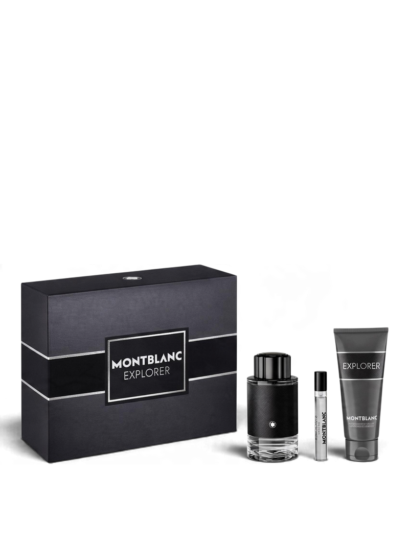 euaden Montblanc Explorer erkek parfüm seti, 100ml EDP, duş jeli ve seyahat boyu parfüm içeren lüks hediye kutusu.