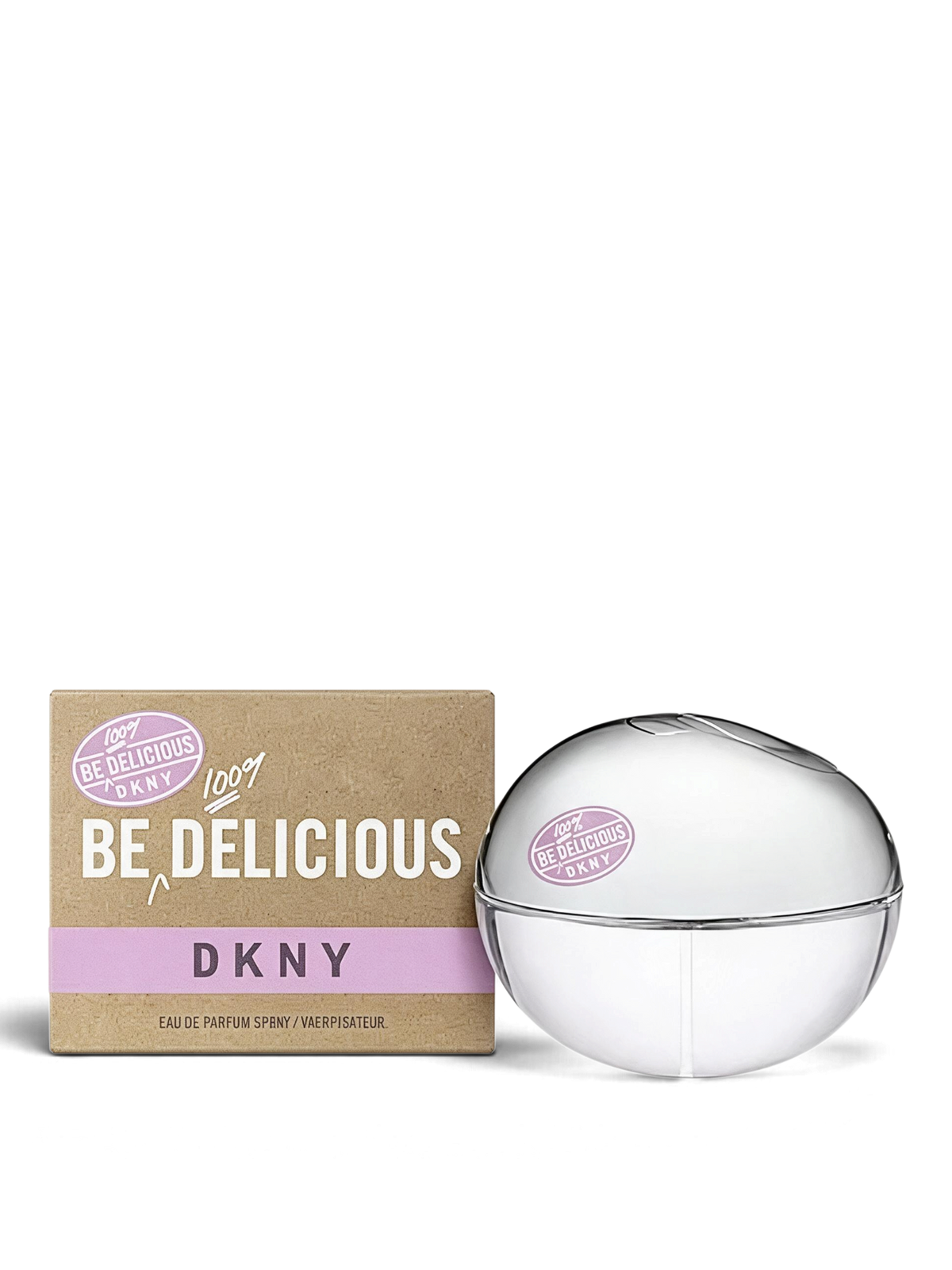 euaden DKNY Be Delicious 100% kadın parfümü, ikonik elma şeklinde şeffaf cam şişesi ve kraft kağıt kutusu ile.