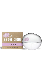 euaden DKNY Be Delicious 100% kadın parfümü, ikonik elma şeklinde şeffaf cam şişesi ve kraft kağıt kutusu ile.
