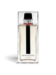 Euaden tarafından sunulan, şeffaf cam şişeli ve siyah kapaklı Dior Homme Sport erkek parfümü 125 ml