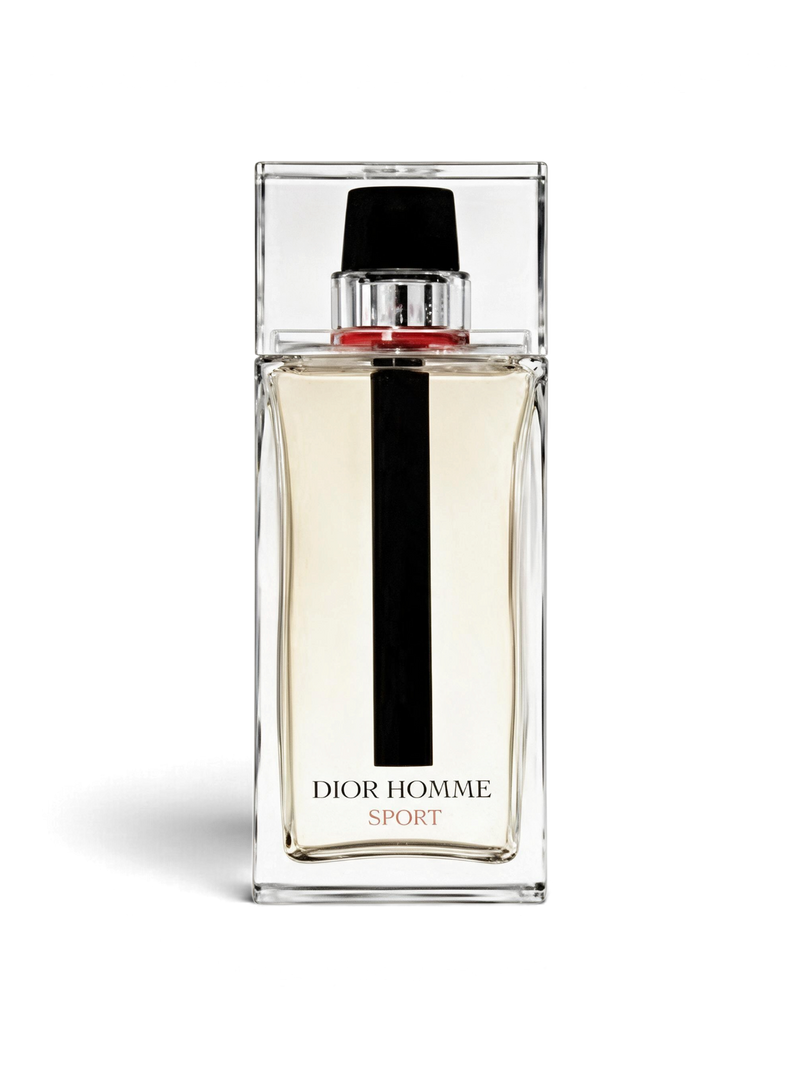 Euaden tarafından sunulan, şeffaf cam şişeli ve siyah kapaklı Dior Homme Sport erkek parfümü 125 ml