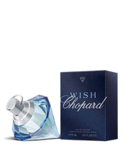 euaden Chopard Wish kadın parfümü, elmas kesimli mavi şişesi ve lacivert kutusu ile zarif bir sunumda.