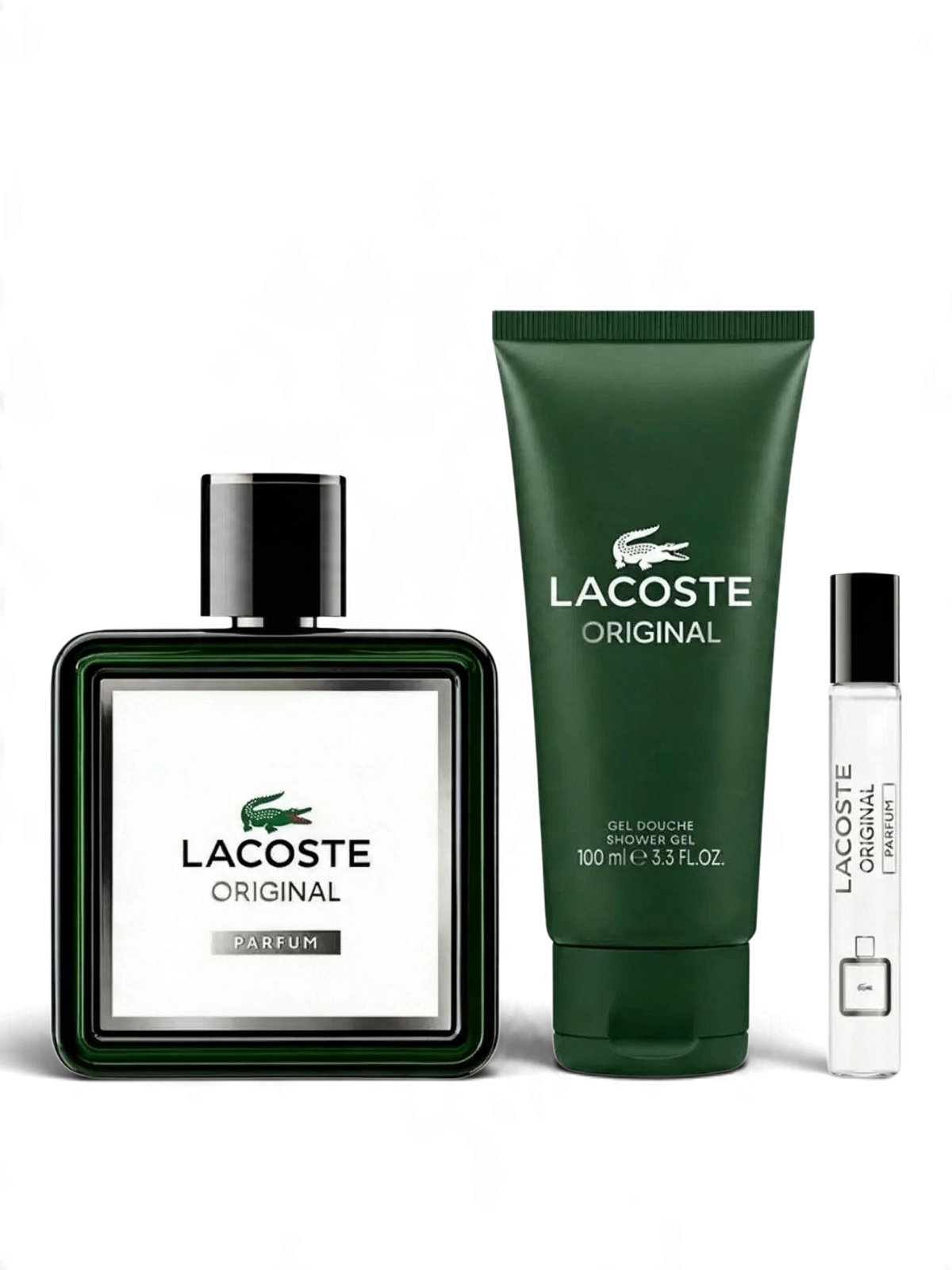 euaden Lacoste Original erkek parfüm seti; 100ml parfüm şişesi, 100ml duş jeli ve 7.5ml seyahat boyu parfüm içerir.