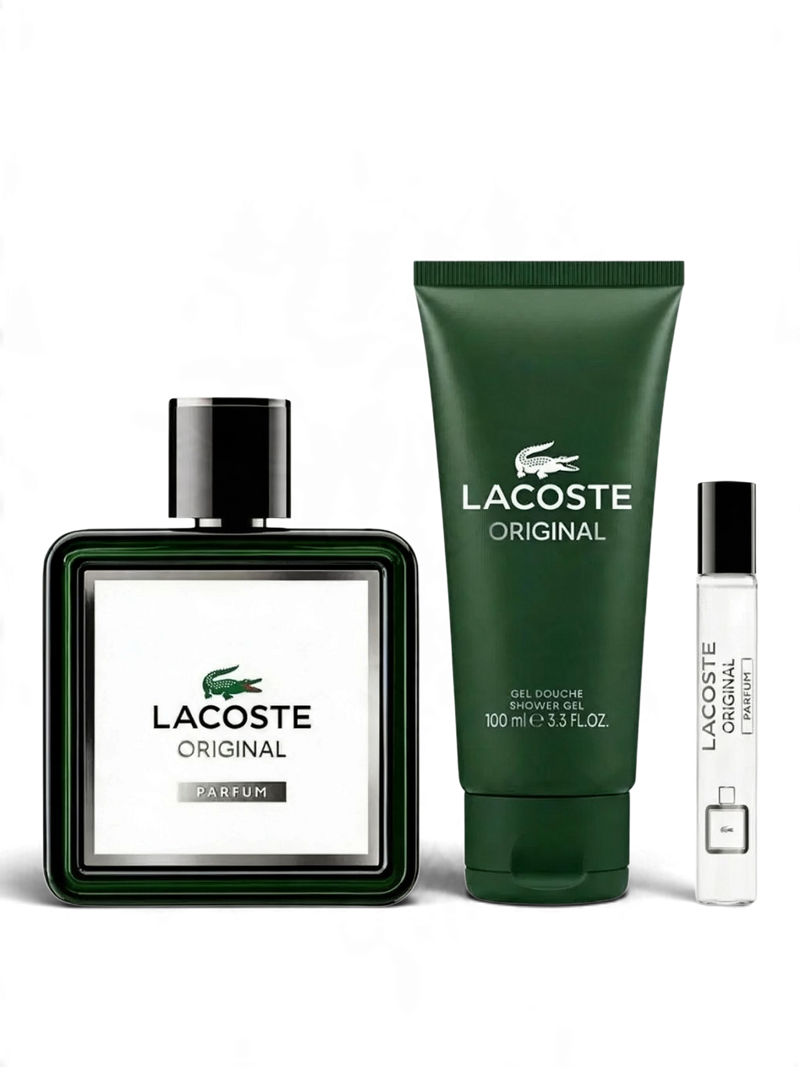 euaden Lacoste Original erkek parfüm seti; 100ml parfüm şişesi, 100ml duş jeli ve 7.5ml seyahat boyu parfüm içerir.