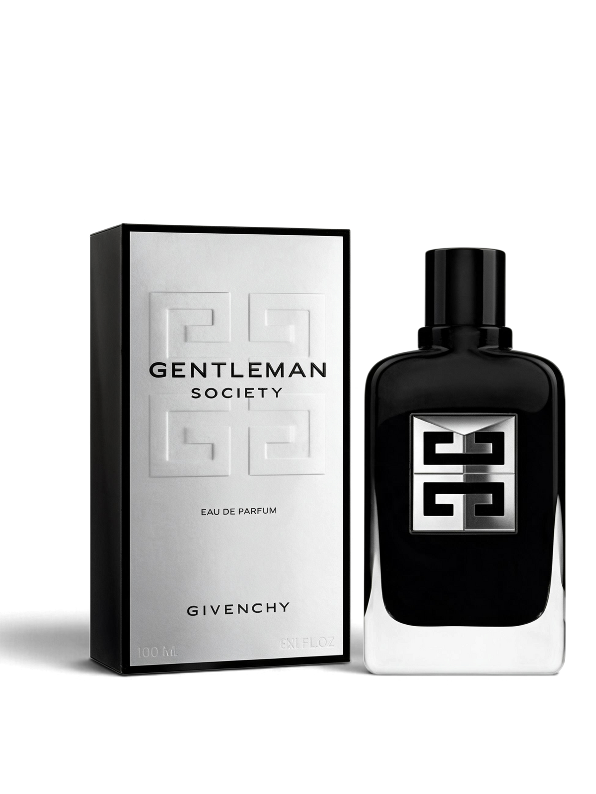 euaden Givenchy Gentleman Society 100 ml erkek parfümü, şık siyah şişesi ve gümüş detaylı kutusuyla