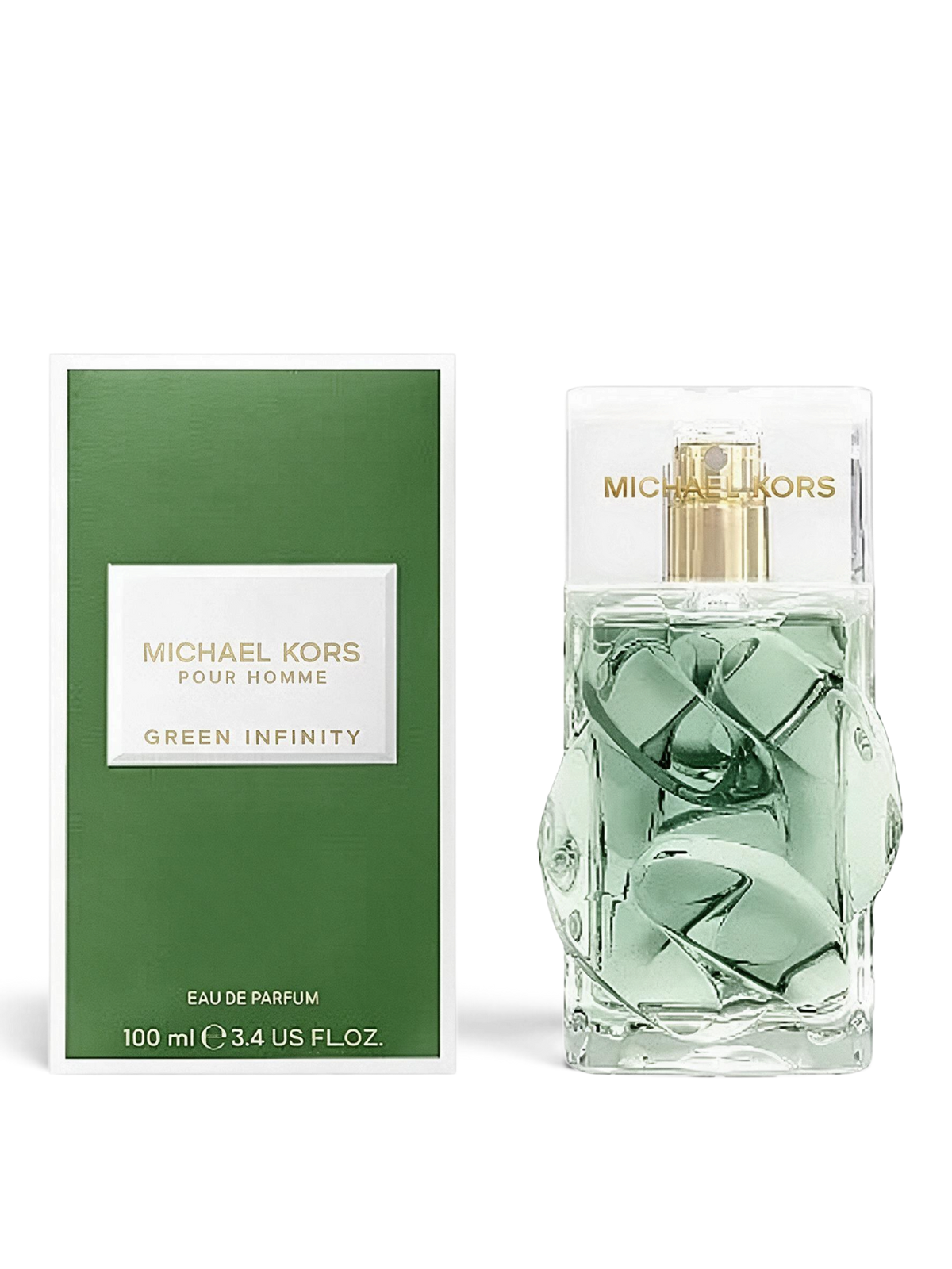 euaden tarafından sunulan, yeşil tonlu cam şişesi ve kutusuyla Michael Kors Pour Homme Green Infinity erkek parfümü