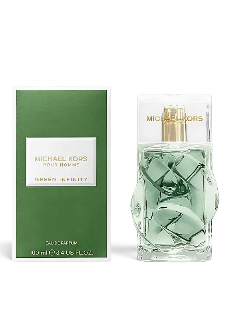 euaden tarafından sunulan, yeşil tonlu cam şişesi ve kutusuyla Michael Kors Pour Homme Green Infinity erkek parfümü