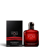 euaden Emporio Armani Stronger With You Parfum 100 ml erkek parfümü, şık kırmızı cam şişesi ve siyah kutusu ile.