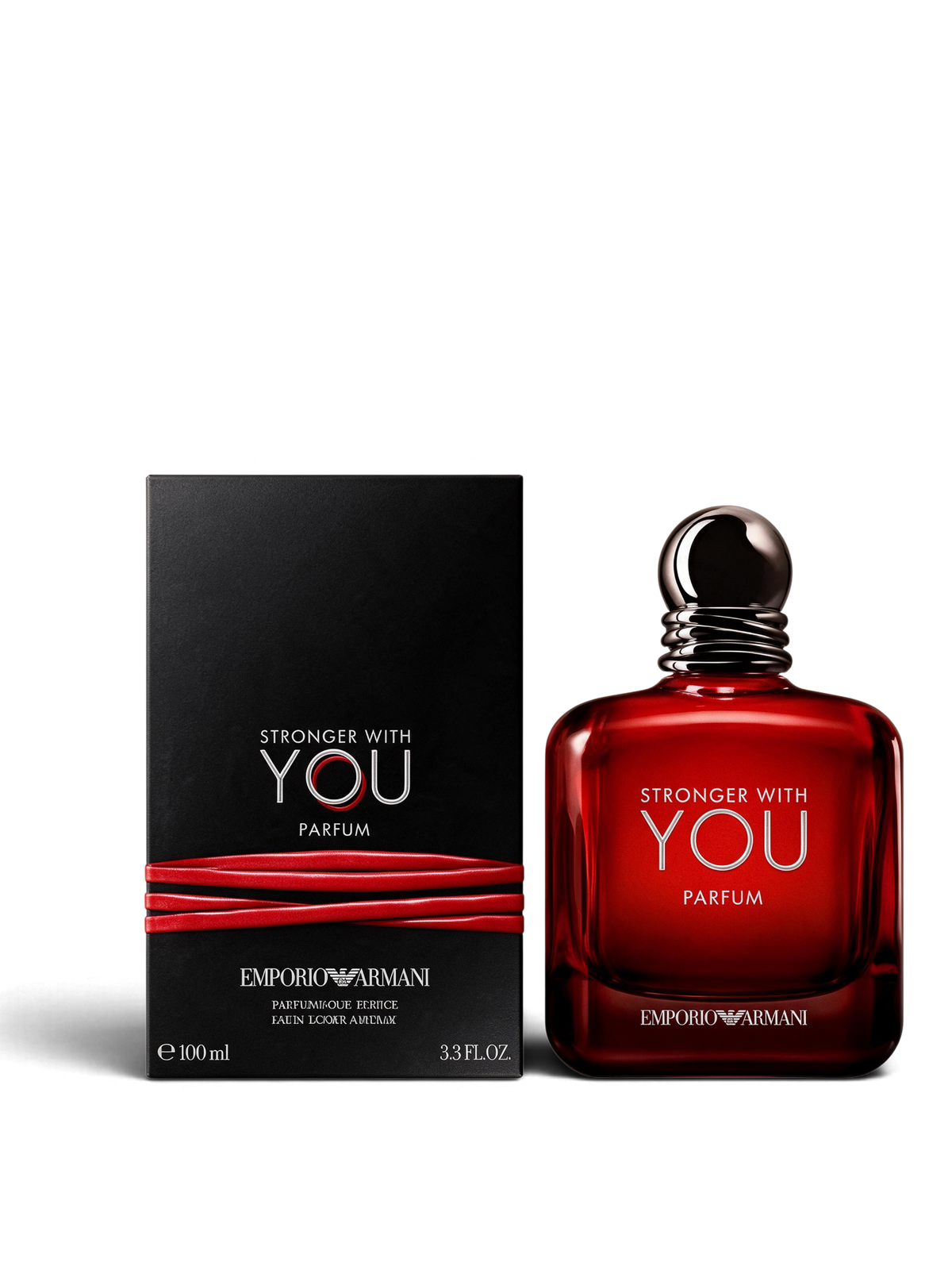 euaden Emporio Armani Stronger With You Parfum 100 ml erkek parfümü, şık kırmızı cam şişesi ve siyah kutusu ile.