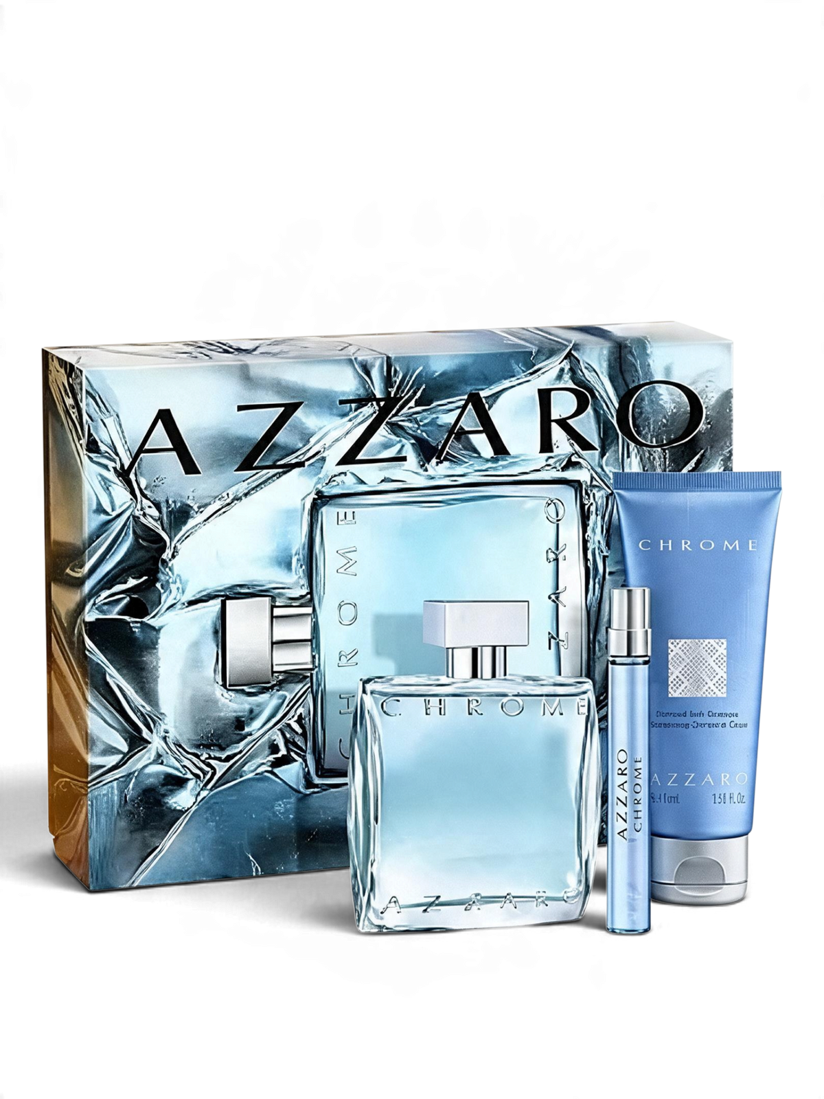 euaden Azzaro Chrome erkek parfüm hediye seti, 100ml EDT, 75ml duş jeli ve 10ml seyahat boyu parfüm içerir.