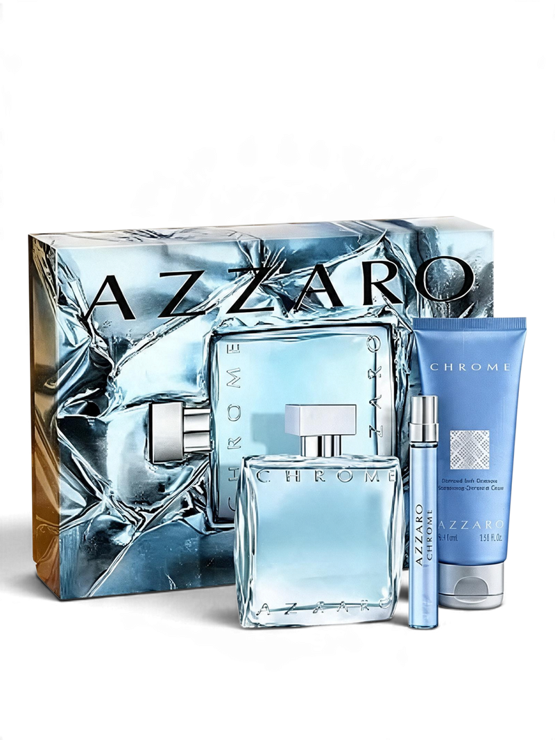 euaden Azzaro Chrome erkek parfüm hediye seti, 100ml EDT, 75ml duş jeli ve 10ml seyahat boyu parfüm içerir.