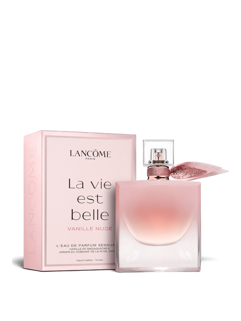 euaden Lancôme La Vie Est Belle Vanille Nude kadın parfümü, zarif pembe cam şişesi ve uyumlu kutusu ile