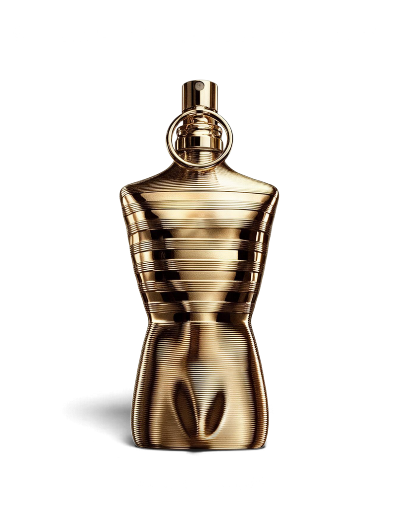 Euaden Jean Paul Gaultier Le Male Elixir erkek parfümü, ikonik altın rengi çizgili gövde tasarımıyla 75 ml şişe