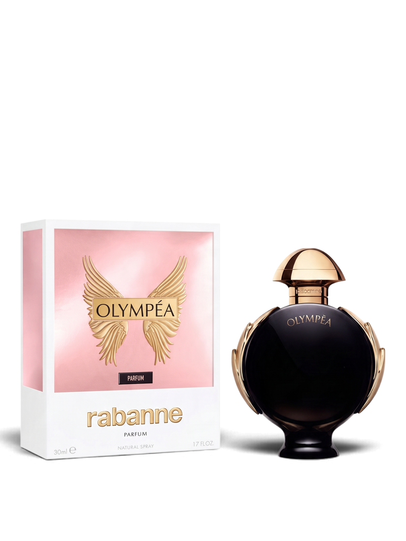 euaden Paco Rabanne Olympea Parfum kadın parfümü, şık siyah şişesi ve kanat figürlü pembe kutusu ile