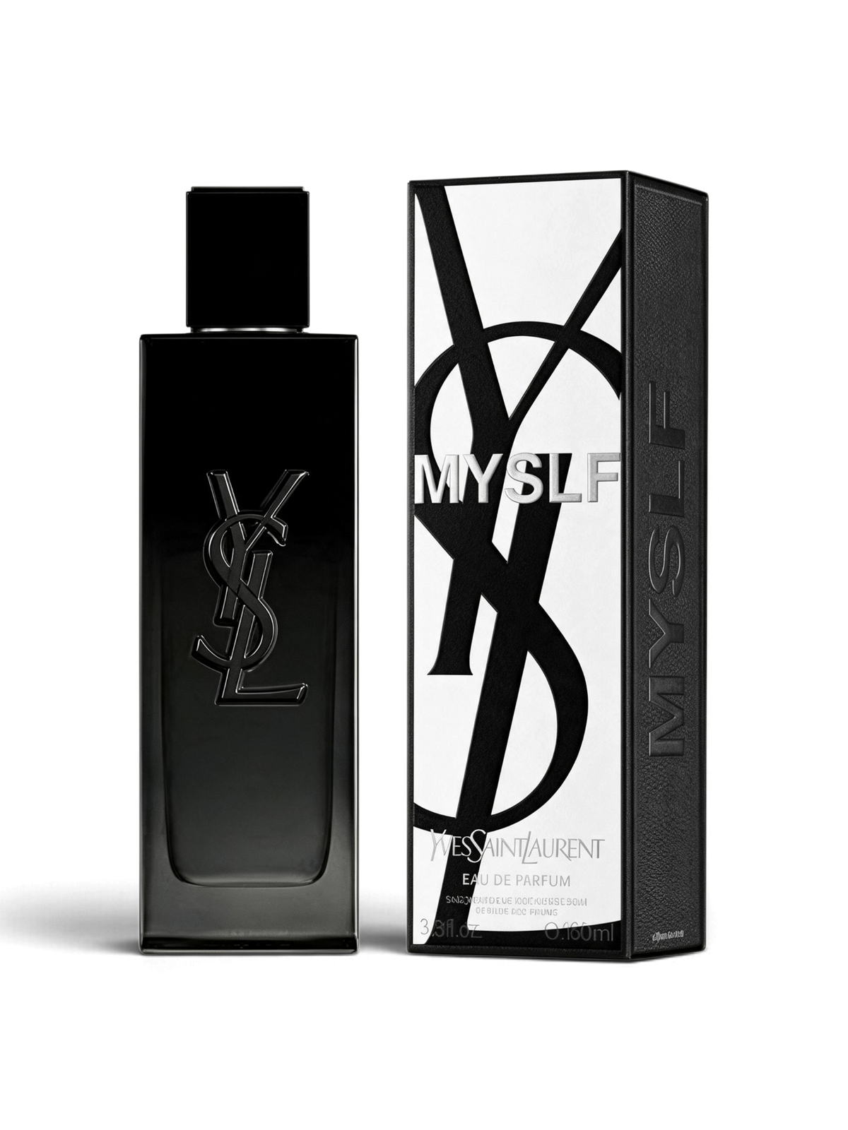 euaden Yves Saint Laurent MYSLF 100 ml erkek parfümü, şık siyah şişesi ve ikonik logolu beyaz kutusu ile