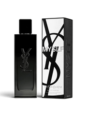 euaden Yves Saint Laurent MYSLF 100 ml erkek parfümü, şık siyah şişesi ve ikonik logolu beyaz kutusu ile