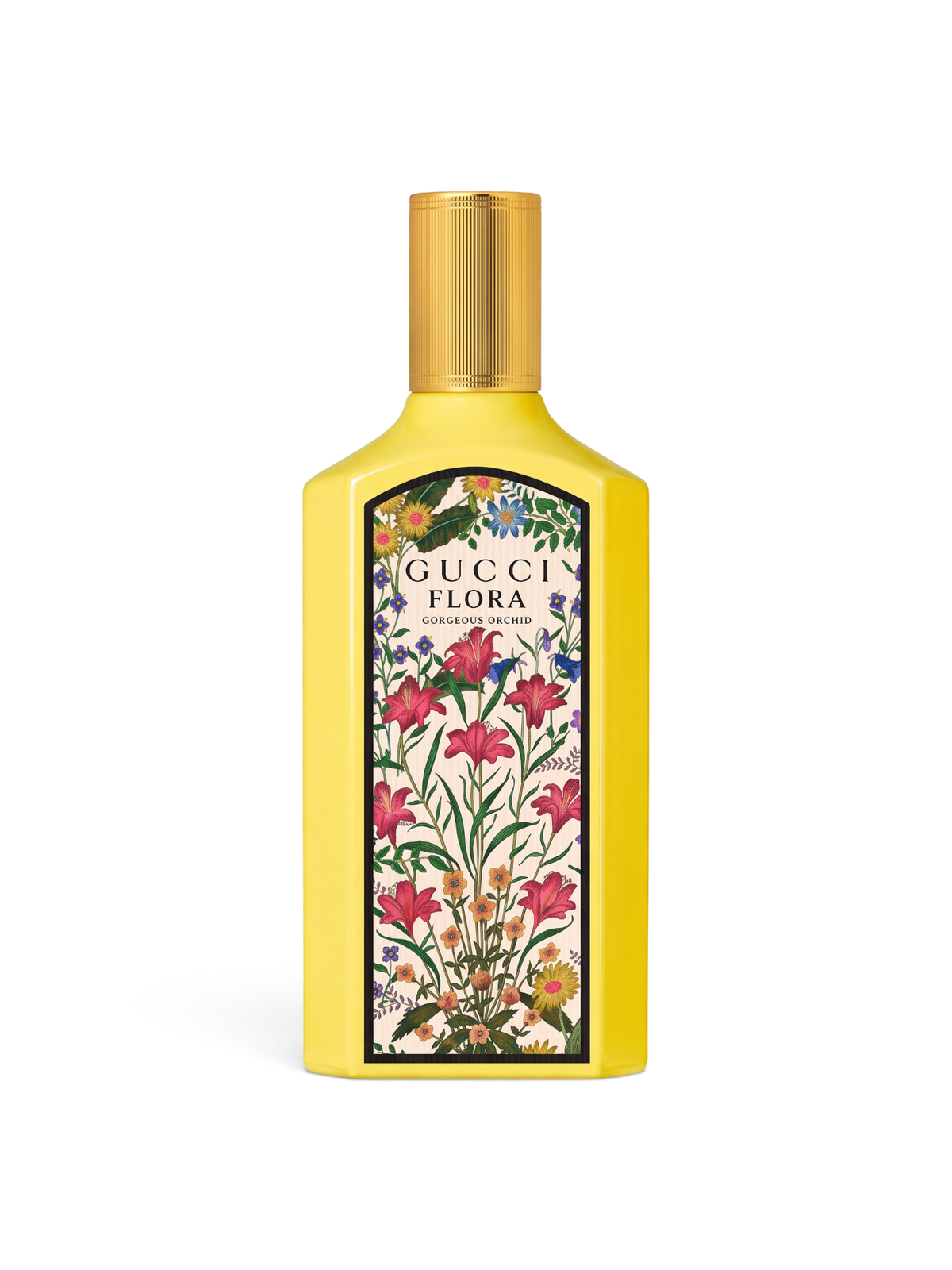 euaden Gucci Flora Gorgeous Orchid kadın parfümü, sarı şişeli, çiçek desenli etiketli ve altın kapaklı 100 ml EDP