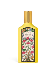 euaden Gucci Flora Gorgeous Orchid kadın parfümü, sarı şişeli, çiçek desenli etiketli ve altın kapaklı 100 ml EDP