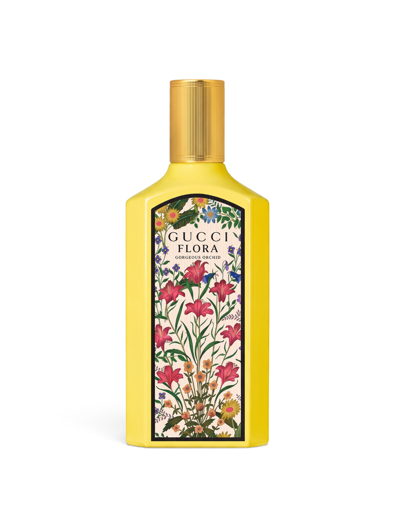 euaden Gucci Flora Gorgeous Orchid kadın parfümü, sarı şişeli, çiçek desenli etiketli ve altın kapaklı 100 ml EDP