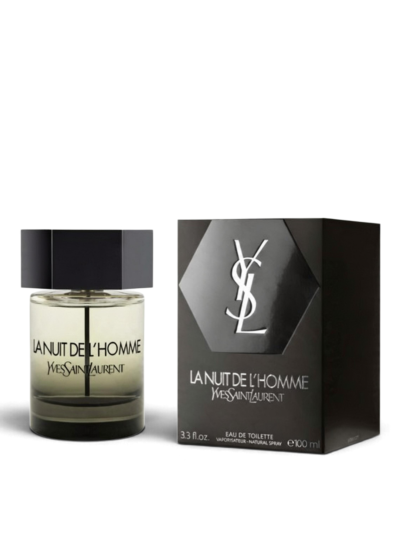 euaden Yves Saint Laurent La Nuit De L'homme erkek parfümü, şık siyah kutusu ve ikonik cam şişesiyle