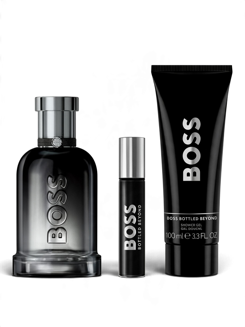 euaden Hugo Boss Bottled Beyond erkek parfüm ve duş jeli bakım seti, şık siyah şişe ve tüp tasarımıyla.