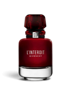 euaden Givenchy L'Interdit Rouge kadın parfümü, kırmızı cam şişesi ve zarif siyah detaylarıyla 80 ml EDP