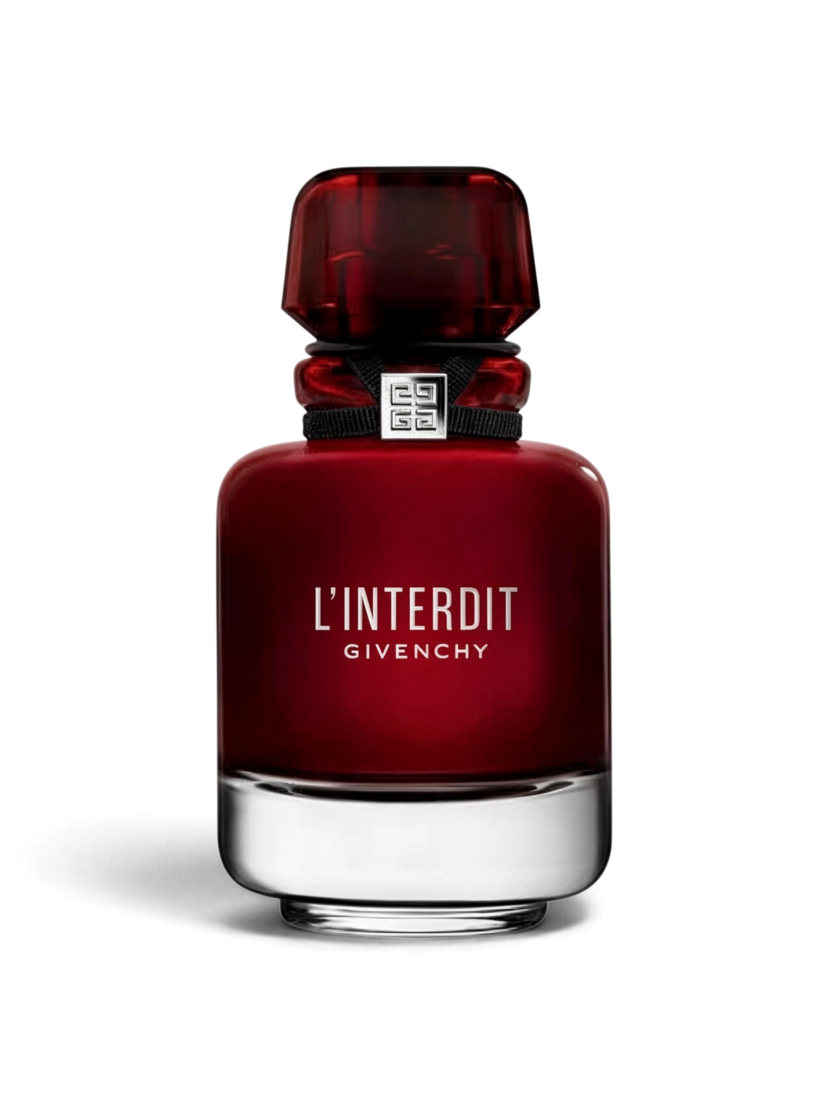 euaden Givenchy L'Interdit Rouge kadın parfümü, kırmızı cam şişesi ve zarif siyah detaylarıyla 80 ml EDP