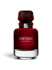 euaden Givenchy L'Interdit Rouge kadın parfümü, kırmızı cam şişesi ve zarif siyah detaylarıyla 80 ml EDP