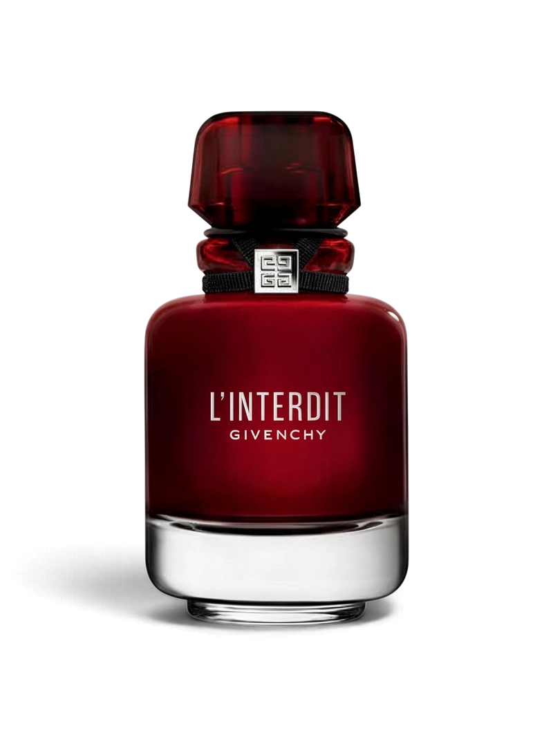 euaden Givenchy L'Interdit Rouge kadın parfümü, kırmızı cam şişesi ve zarif siyah detaylarıyla 80 ml EDP