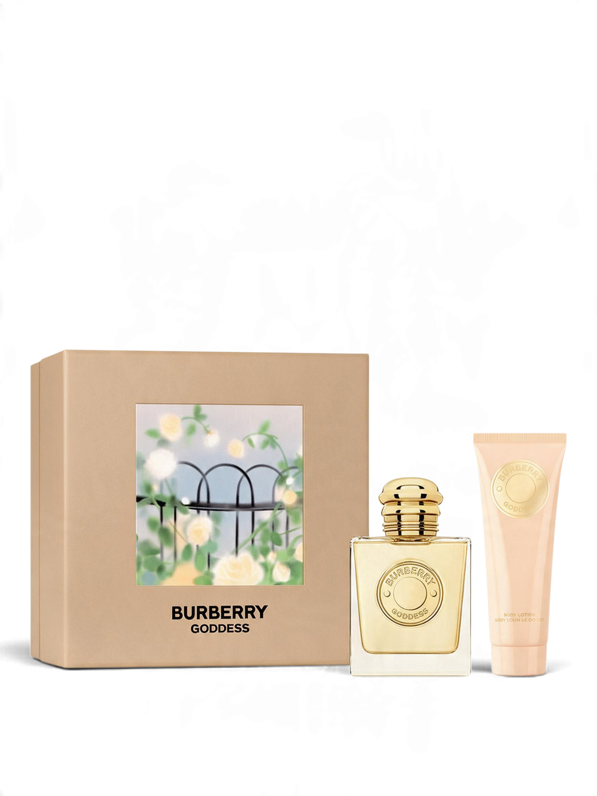 euaden Burberry Goddess hediye seti, 50ml parfüm şişesi, 75ml vücut losyonu ve şık kutusu ile birlikte.
