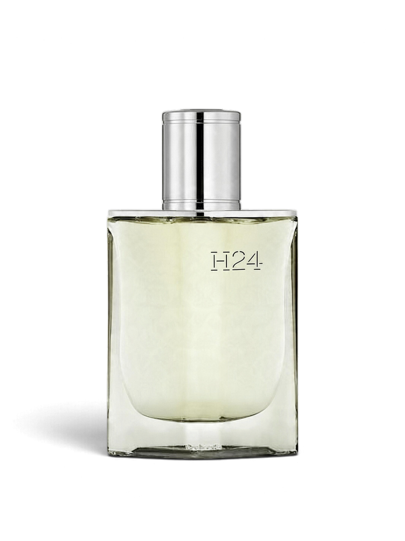 euaden Hermès H24 EDP erkek parfümü, şık cam şişesi ve metalik kapağı ile modern odunsu koku tasarımı