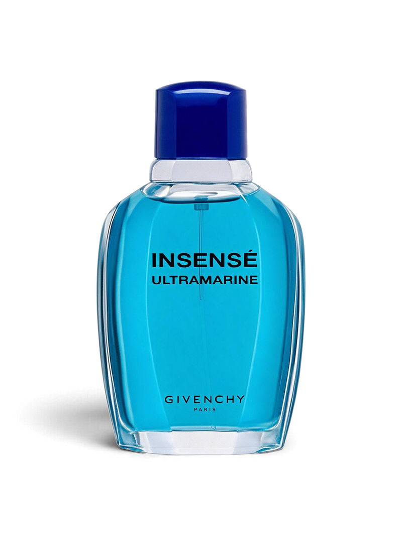 euaden Givenchy Insensé Ultramarine erkek parfümü, şeffaf cam şişede canlı mavi renkli ferahlatıcı koku